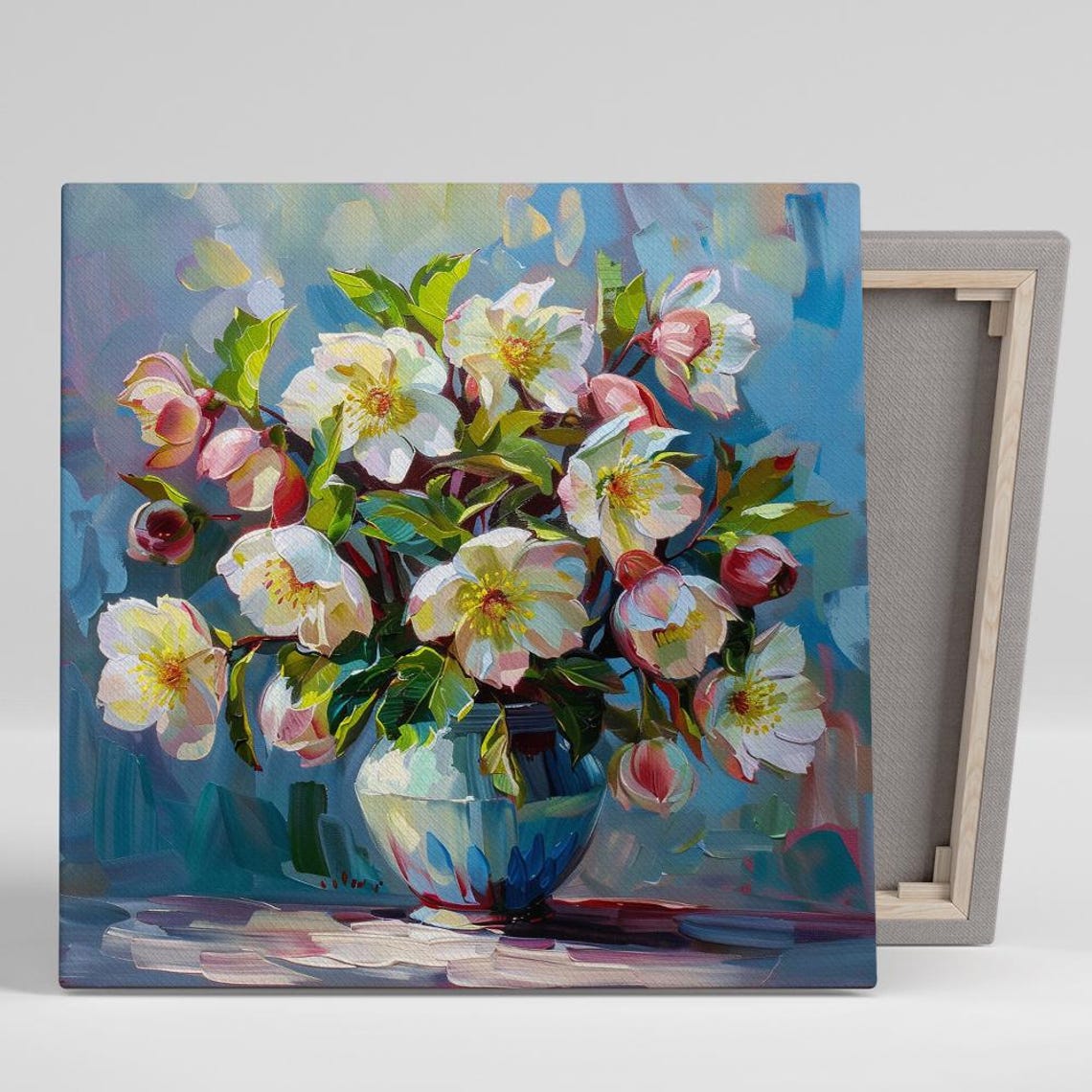 White Hellebore Blossoms Blue Vase Impressionist Floral Poster