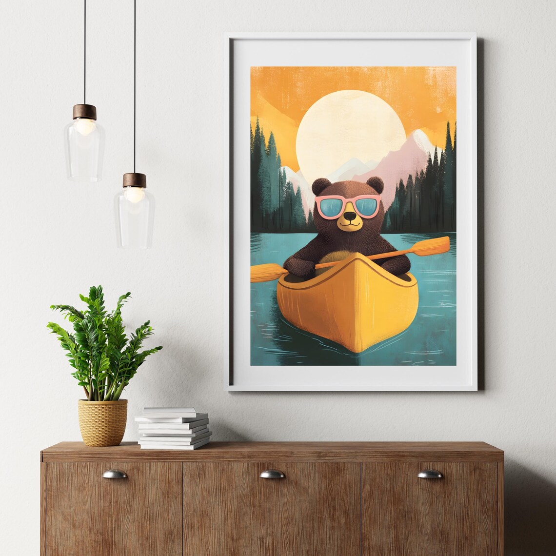 Cool Dark Bear in Pink Sunglasses Paddling a Yellow Canoe at Sunset Poster - Image 3