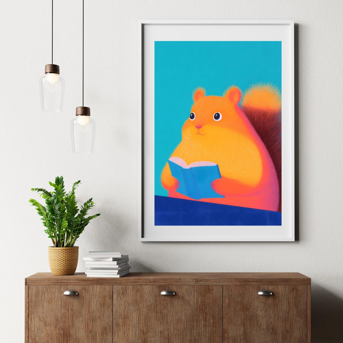 Chubby Orange Squirrel Reading Book On Turquoise Background Poster - Image 2