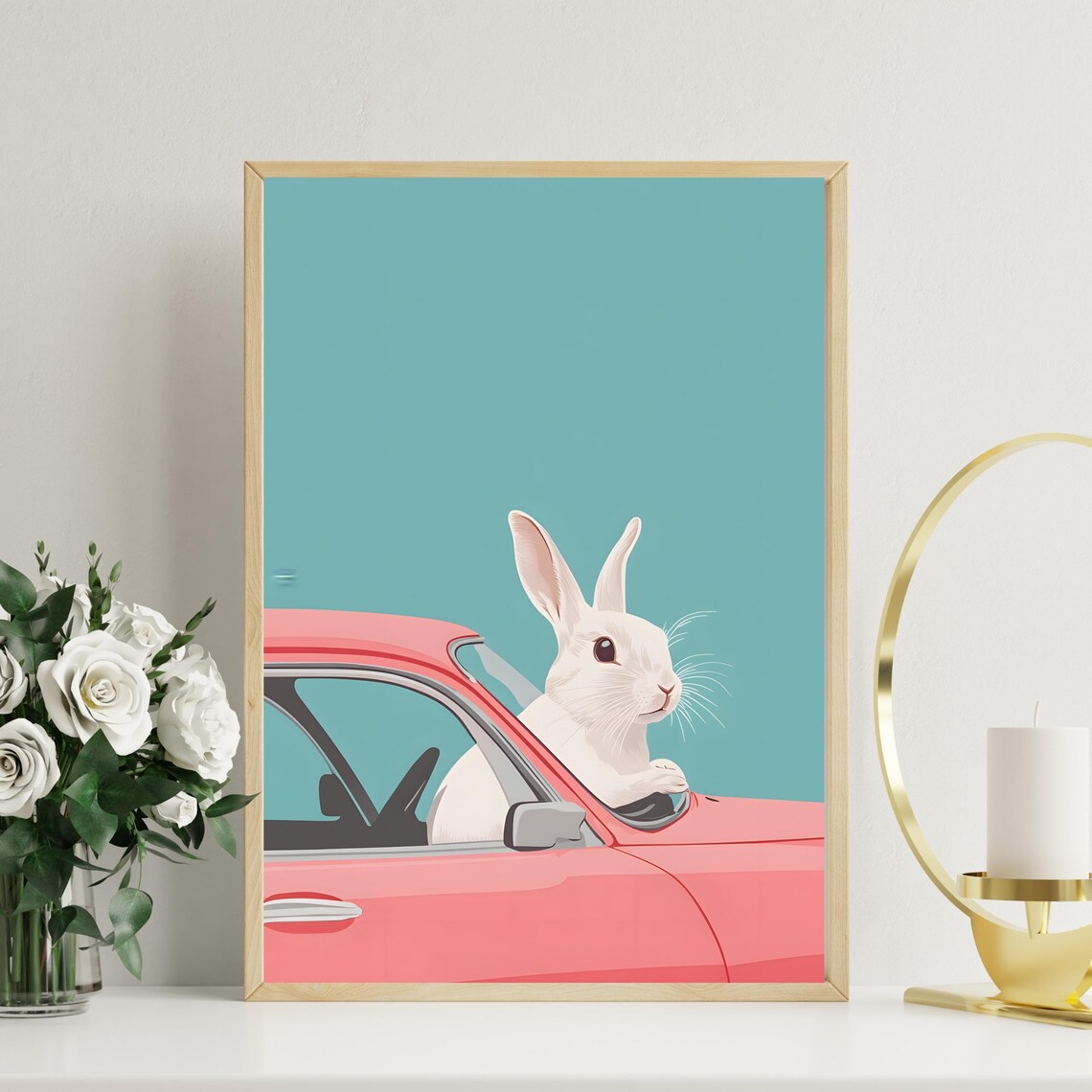 Rabbit Driving Retro Pink Car Cute Funny Animal Nursery Art Poster - Image 7