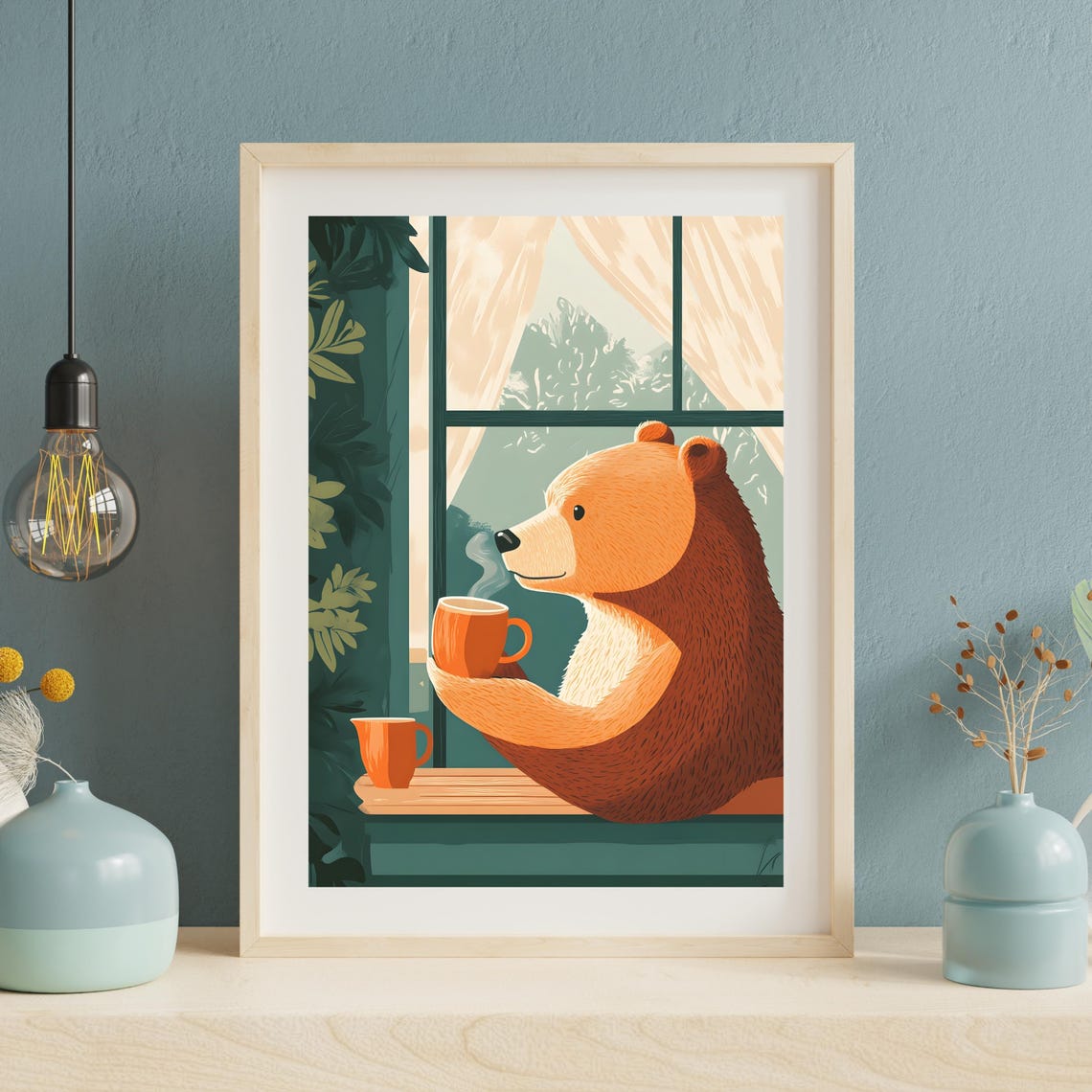 Cozy Brown Bear Drinking Coffee by a Sunny Forest Window Poster