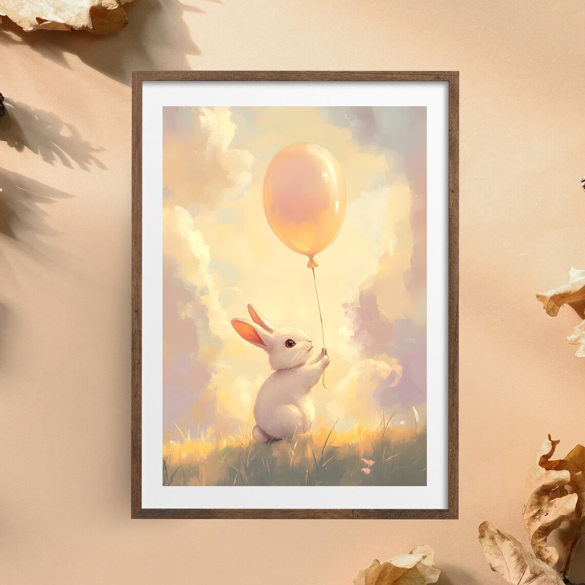 Tiny White Bunny Holding a Glowing Orange Balloon in a Sunset Meadow Poster - Image 7