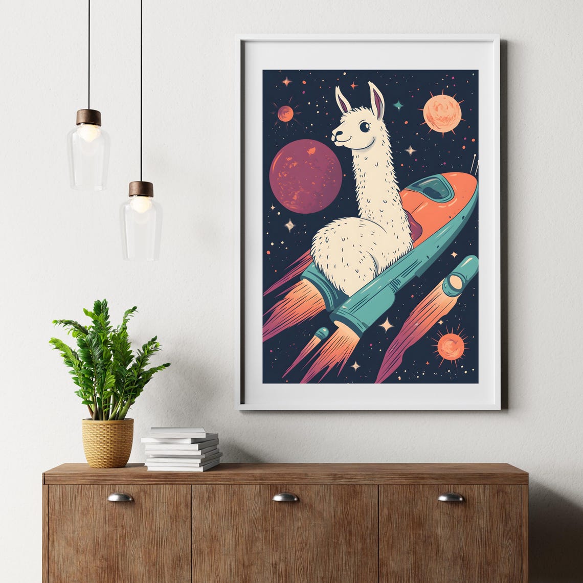 Cute Llama Riding a Retro Rocket Ship Through Starry Space Poster - Image 7