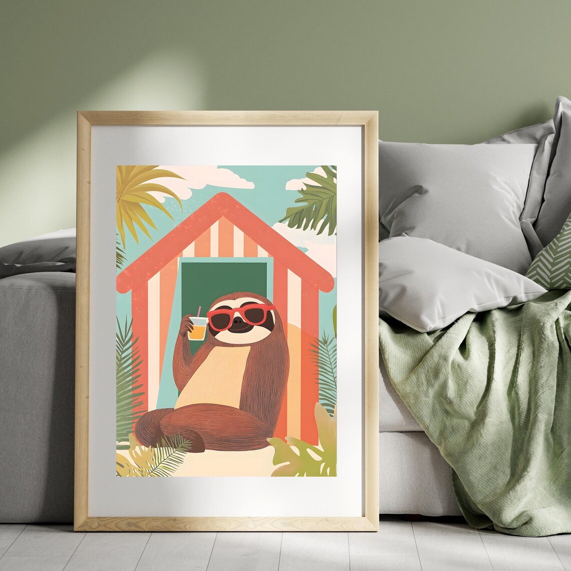 Chill Sloth in Red Sunglasses Sipping Juice Before a Striped Beach Hut Poster - Image 5