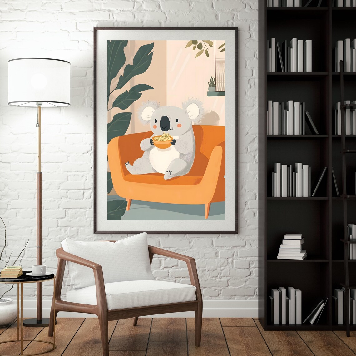 Cute Koala Eating Noodles Orange Couch Cozy Nursery Art Poster - Image 5