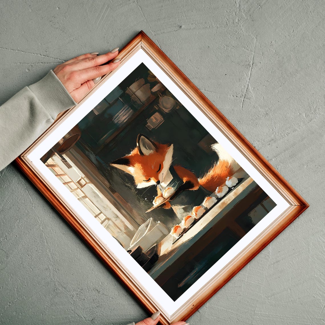 Fox Baker Serving Salmon Bites in Dark Rustic Kitchen Poster - Image 4