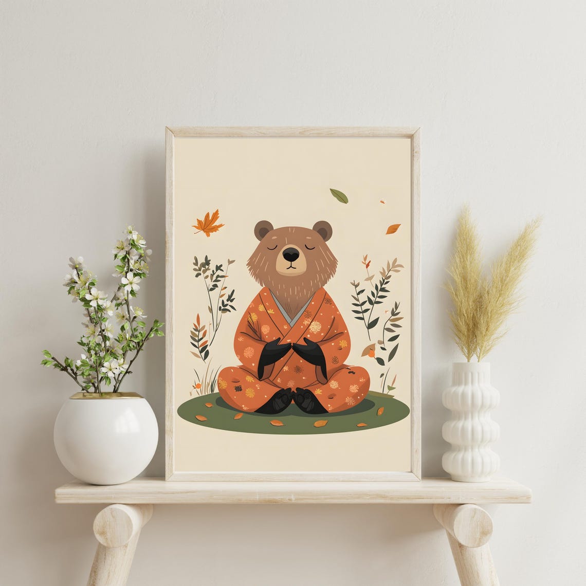 Meditating Bear in an Orange Kimono among Falling Autumn Leaves Poster - Image 3
