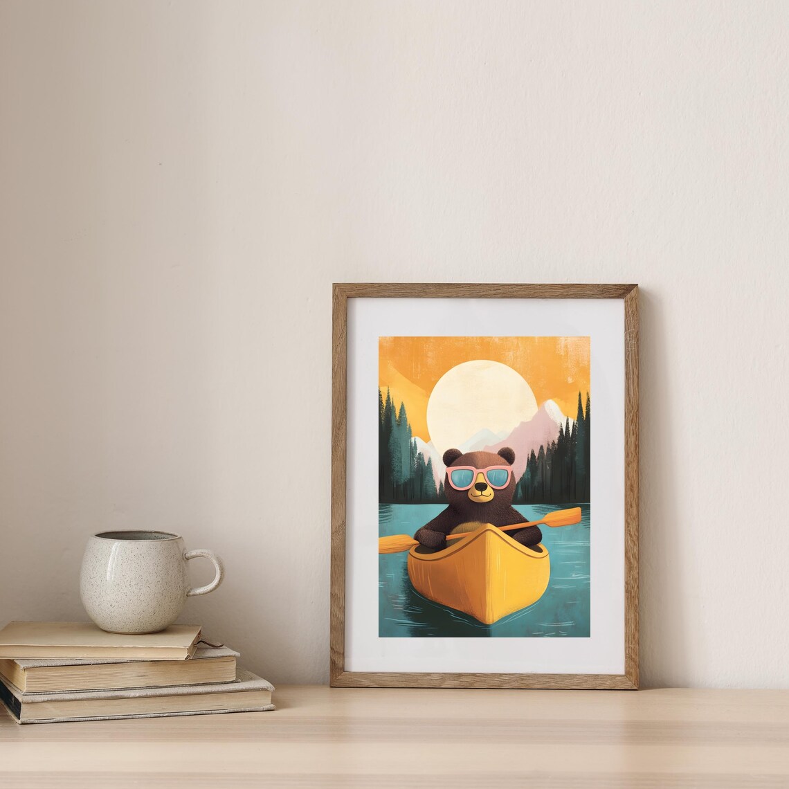 Cool Dark Bear in Pink Sunglasses Paddling a Yellow Canoe at Sunset Poster - Image 4