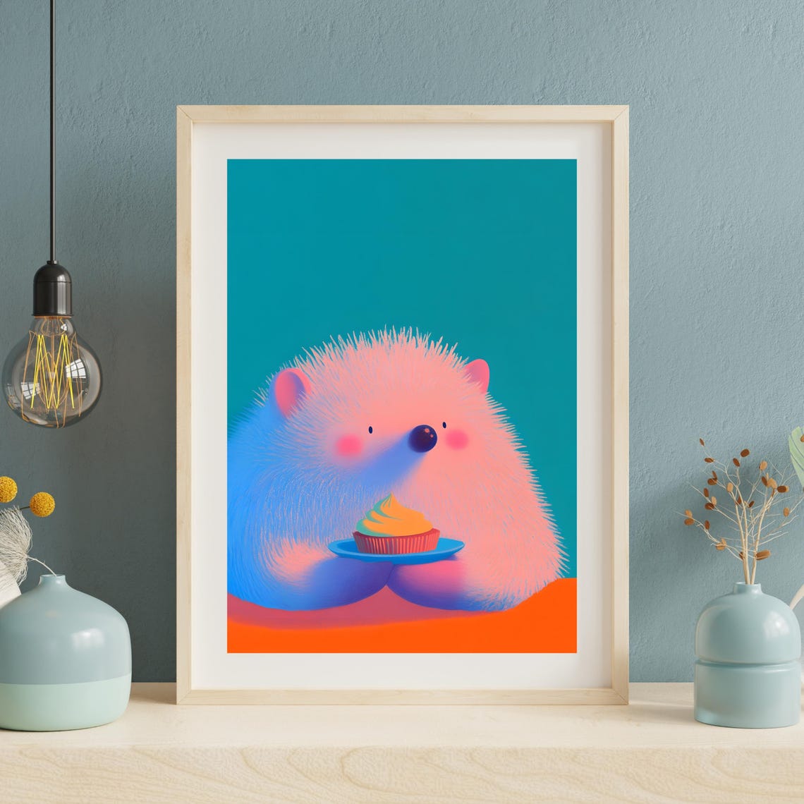 Cute Pink Hedgehog Holding Cupcake On Teal Background Art Poster - Image 2