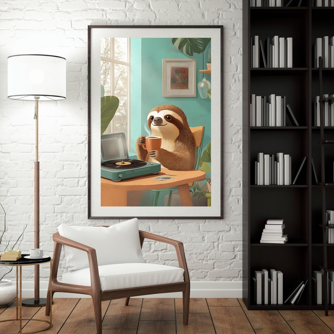 Smiling Sloth Drinking Hot Coffee Beside a Vintage Mint Record Player Poster - Image 8