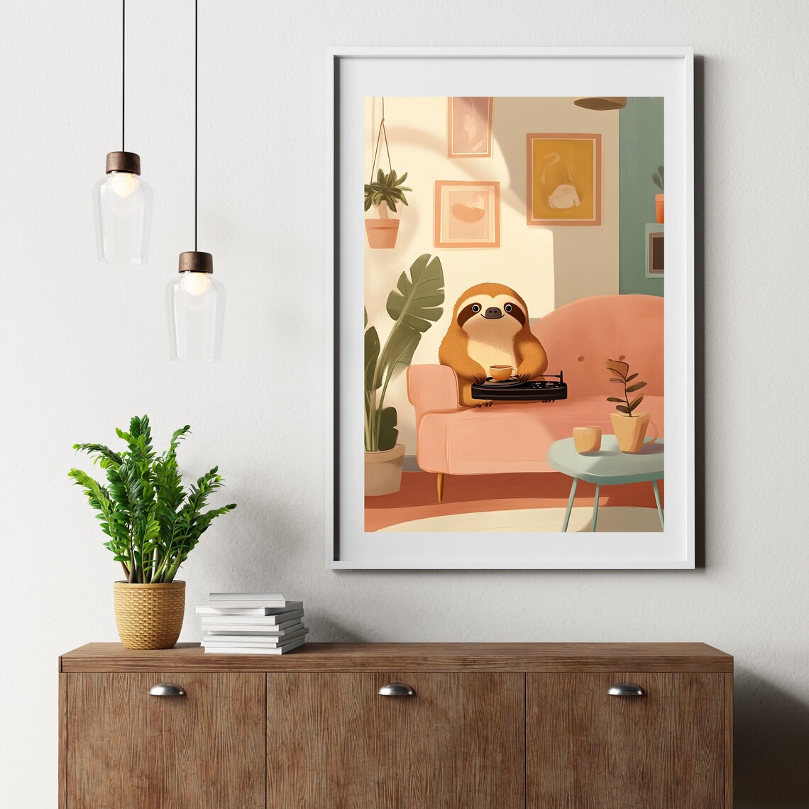 Content Sloth Relaxing on a Pink Sofa With a Cup of Tea and a Laptop Poster - Image 5