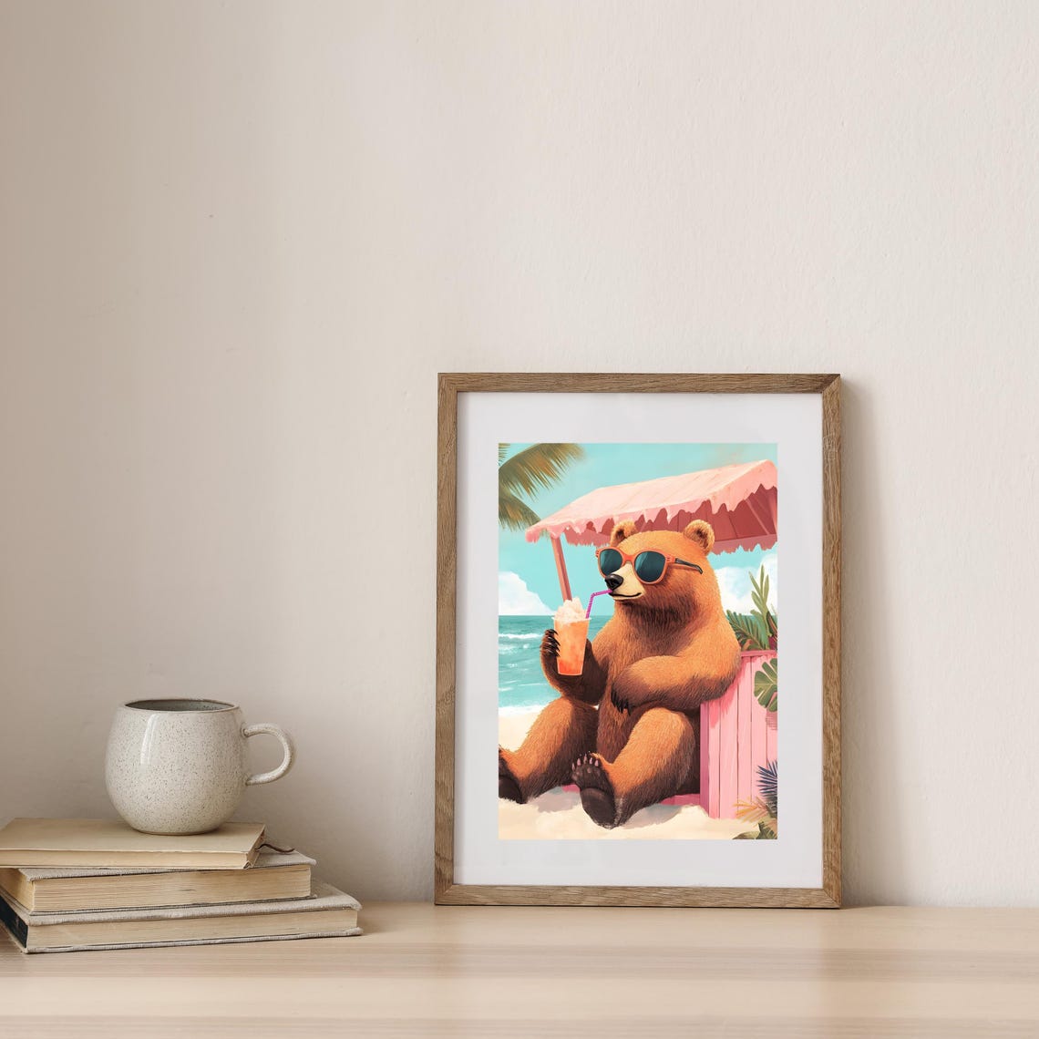 Brown Bear in Red Sunglasses Sipping Drink at Pink Beach Cabana Poster - Image 3