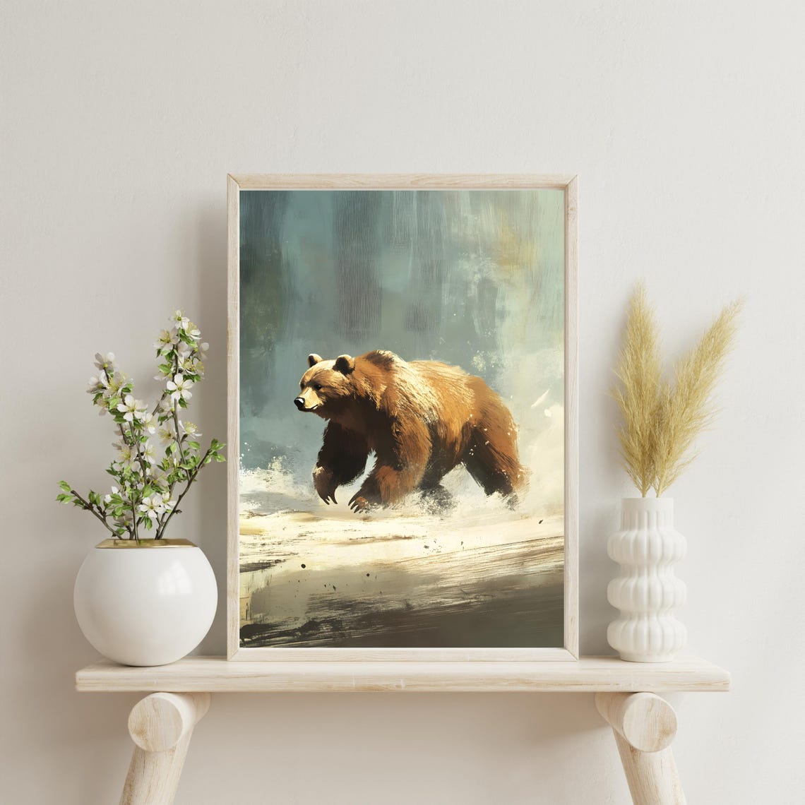 Majestic Brown Bear Wading Misty Forest River Painterly Art Poster - Image 4