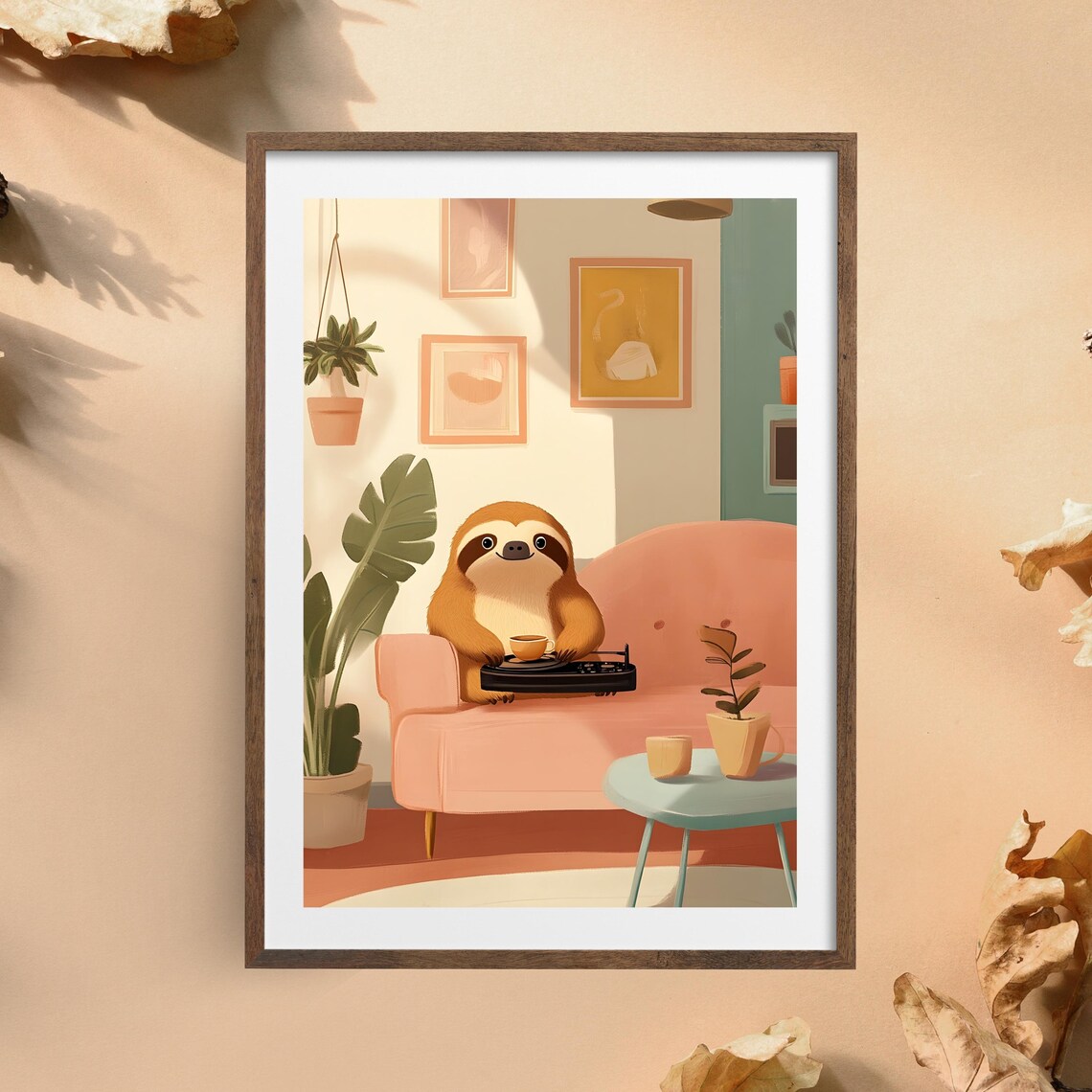 Content Sloth Relaxing on a Pink Sofa With a Cup of Tea and a Laptop Poster - Image 4
