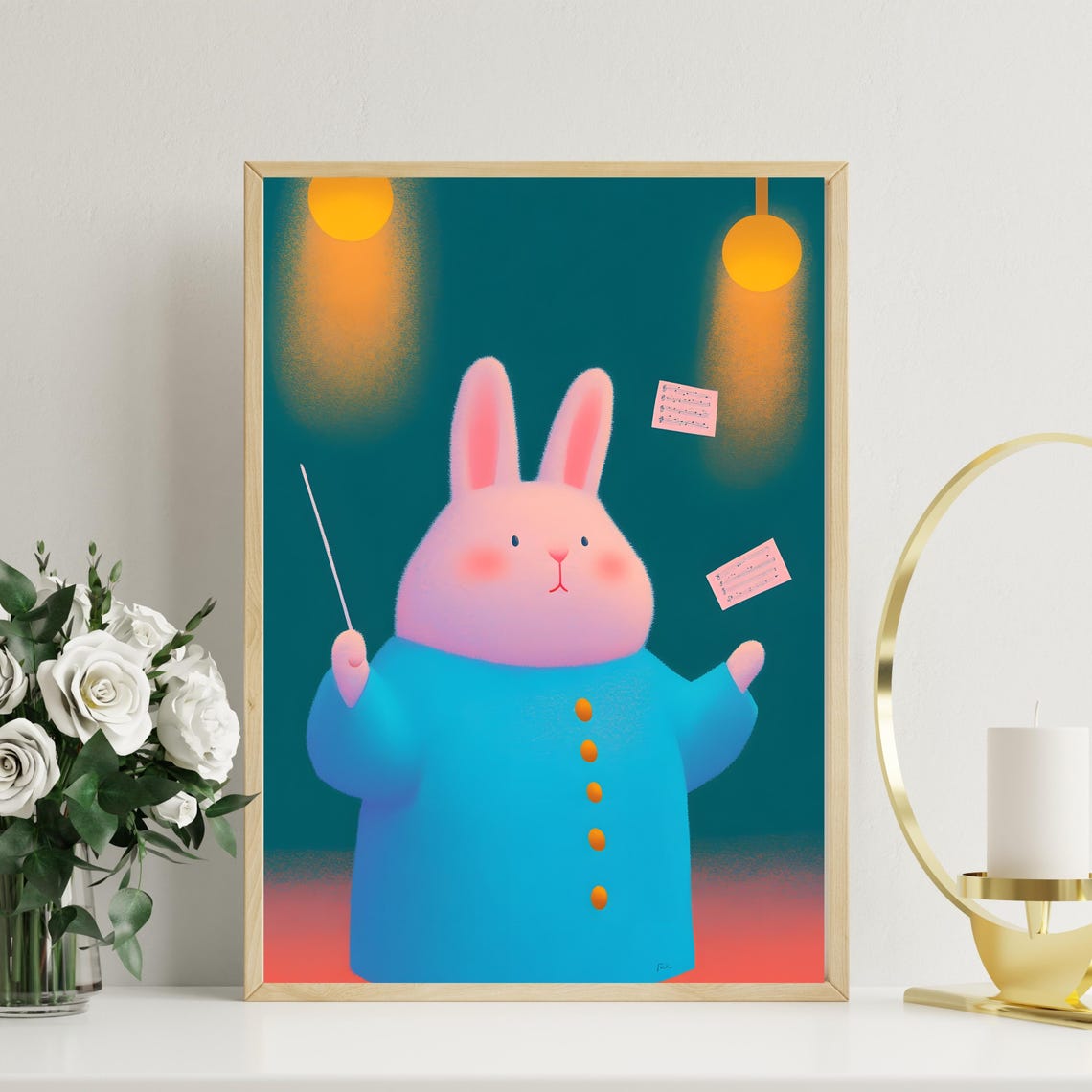 Bunny Orchestra Conductor With Baton Under Stage Lights Poster