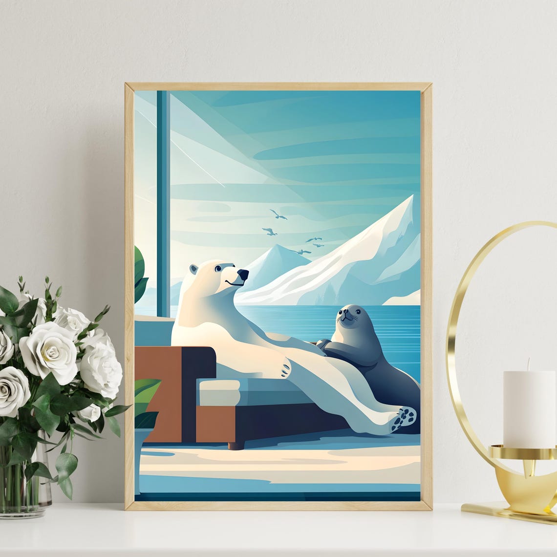 Polar Bear and Seal Relaxing on a Patio over the Arctic Bay Poster - Image 5