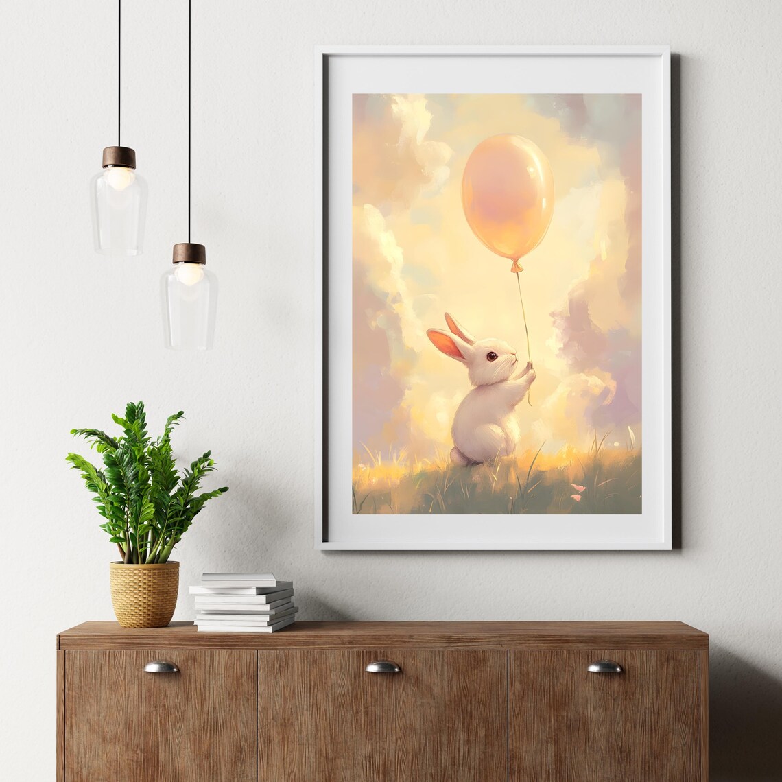 Tiny White Bunny Holding a Glowing Orange Balloon in a Sunset Meadow Poster - Image 8