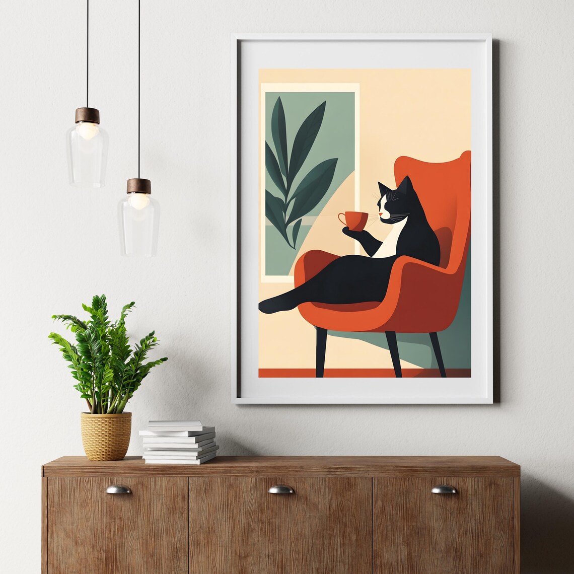 Black and White Cat Sipping Coffee in Orange Armchair Poster - Image 6