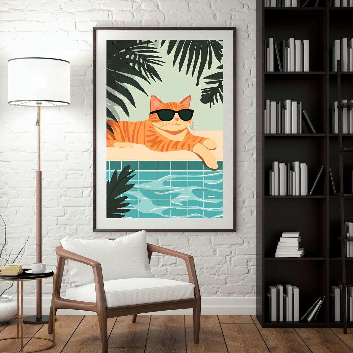 Orange Cat With Sunglasses Lounging by a Tropical Tiled Pool Poster - Image 5