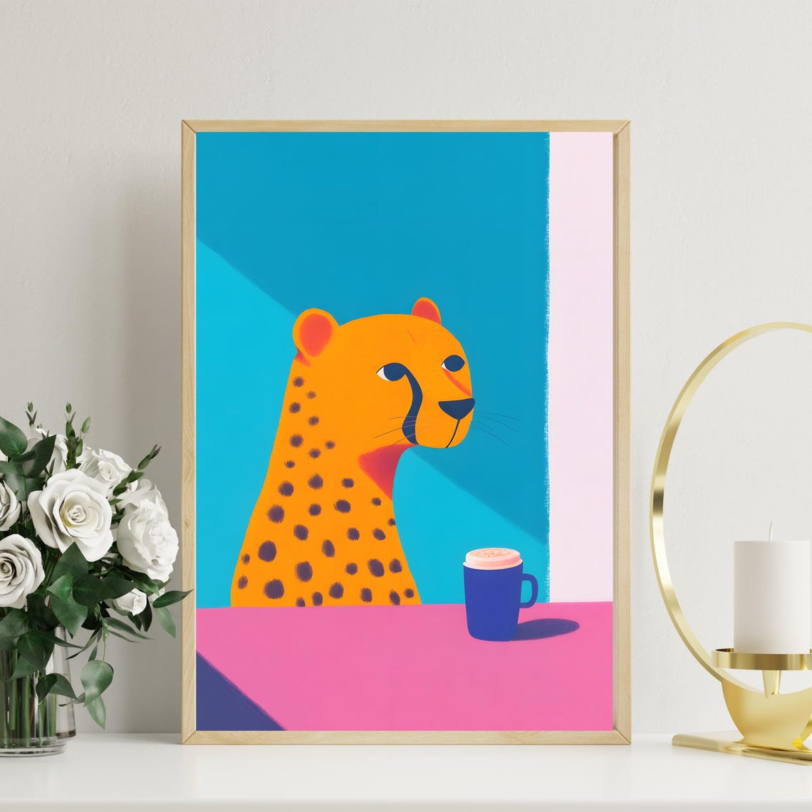 Pop Art Cheetah Profile With Coffee Cup On Pink Background Poster