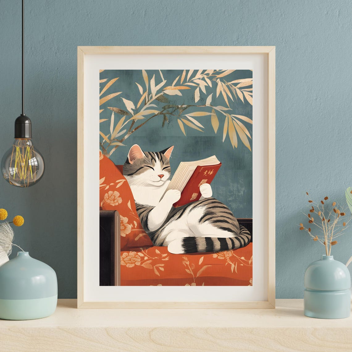 Cat Reading Book Japanese Style Cozy Tabby Animal Nursery Art Poster - Image 3