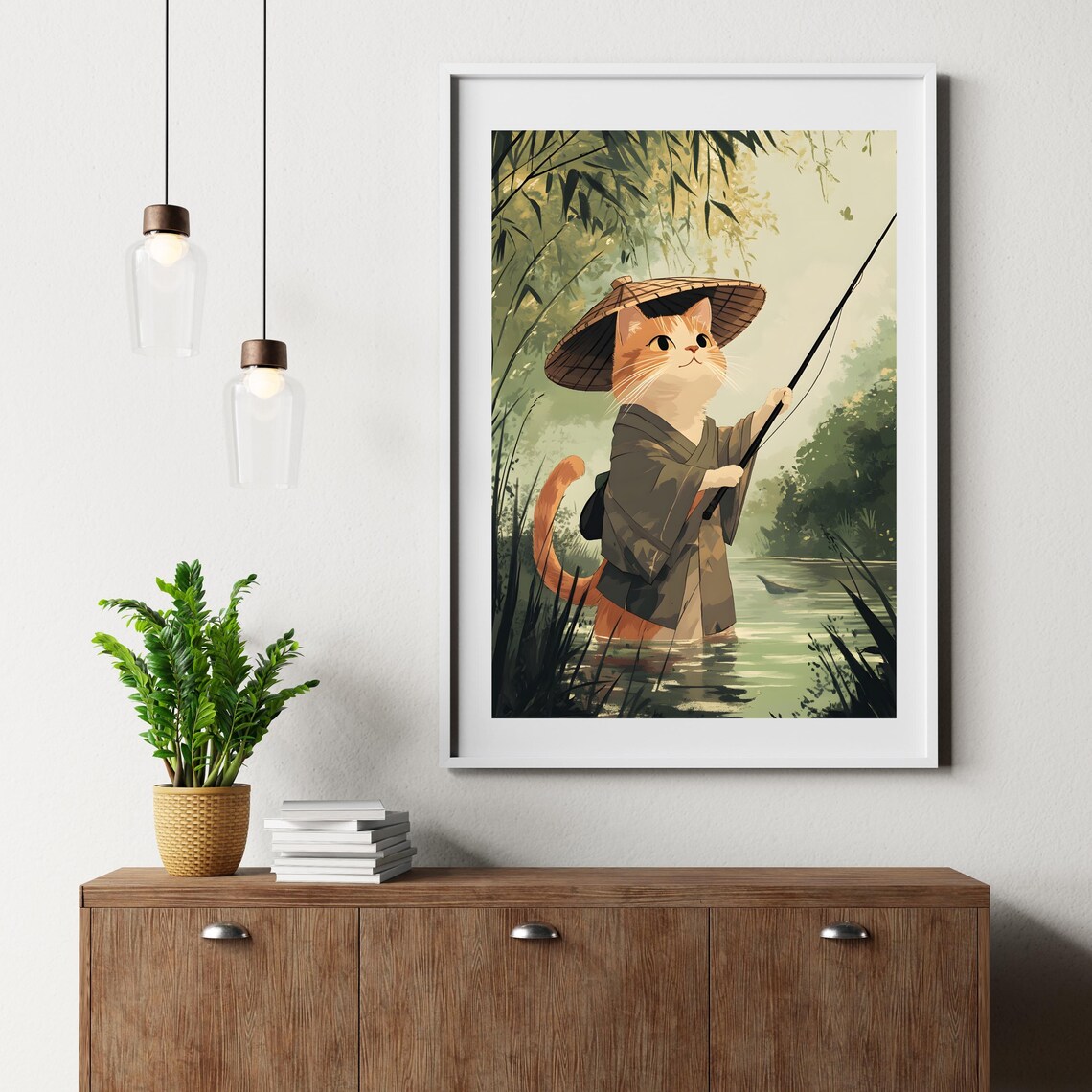 Ginger Cat Fisherman Wearing a Kimono and Straw Hat on a Calm River Poster - Image 6