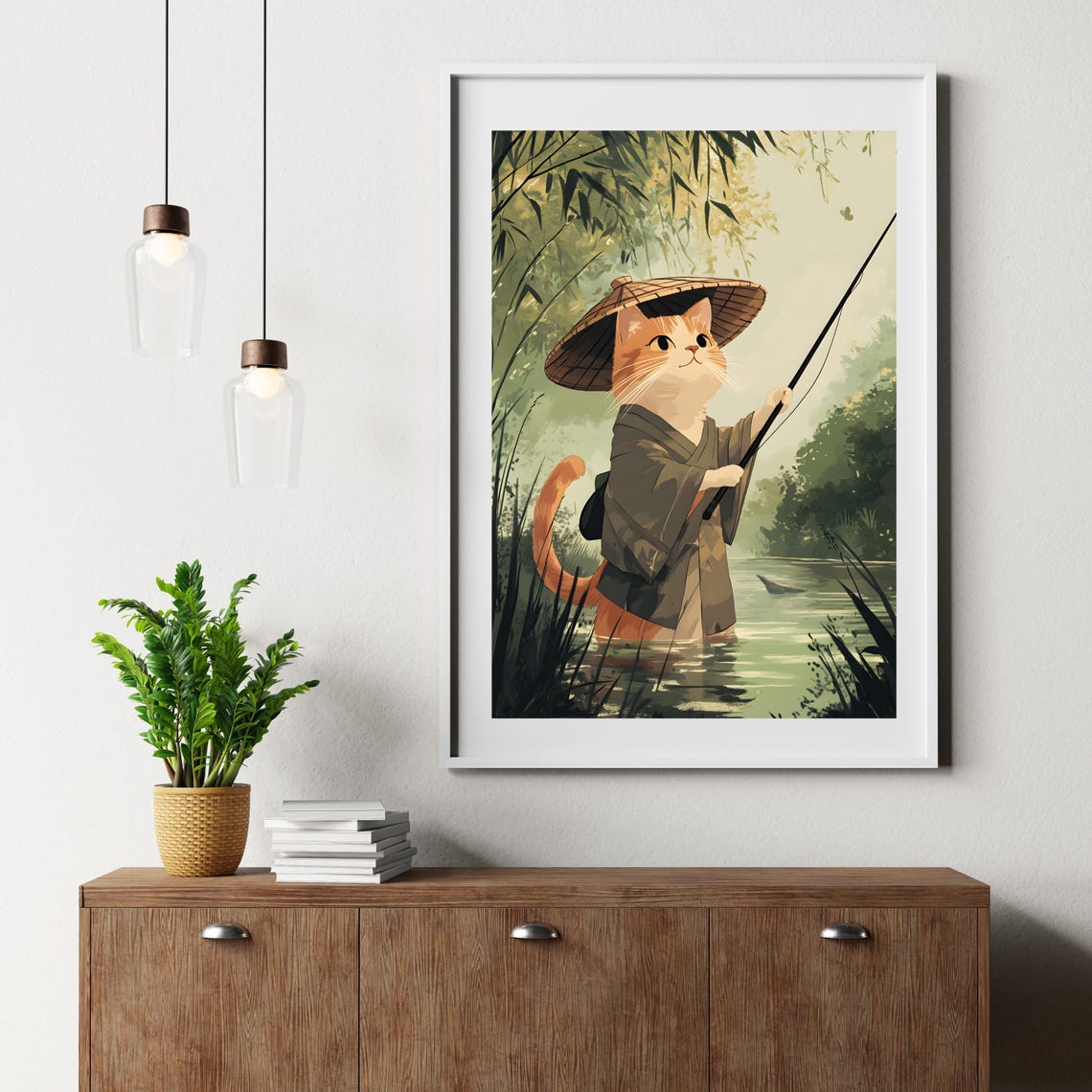 Japanese Cat Fisherman Poster Cute Cat Fishing Wall Art Japanese Vintage Cat Art Anime Cat In Kimono Whimsical Cat Illustration - Image 6