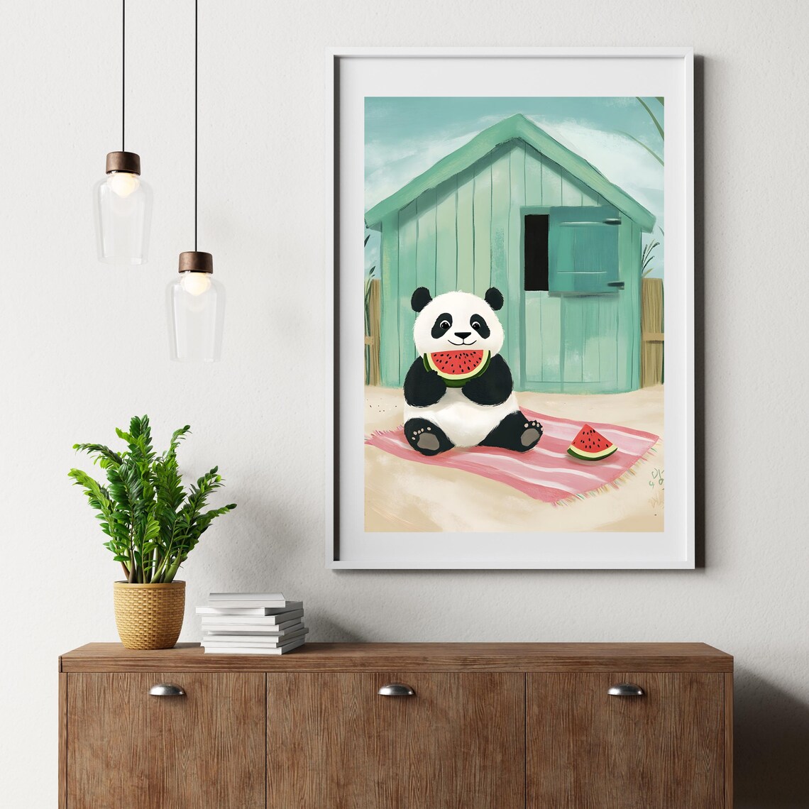 Cute Baby Panda Eating Watermelon at Mint Green Beach Hut Poster - Image 2