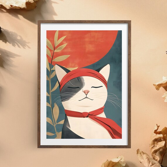 Zen Cat With Red Headband Meditating Before Big Red Sun Poster