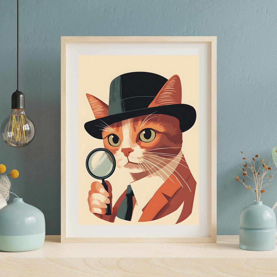Detective Cat With Magnifying Glass Wearing Fedora Hat Poster - Image 3