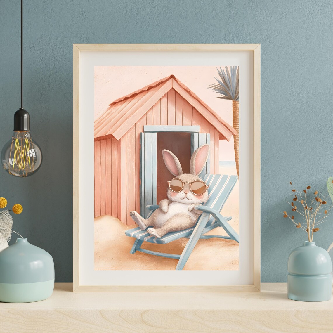 Relaxing Bunny in Sunglasses on Beach Chair at Pink Beach Hut Poster - Image 4
