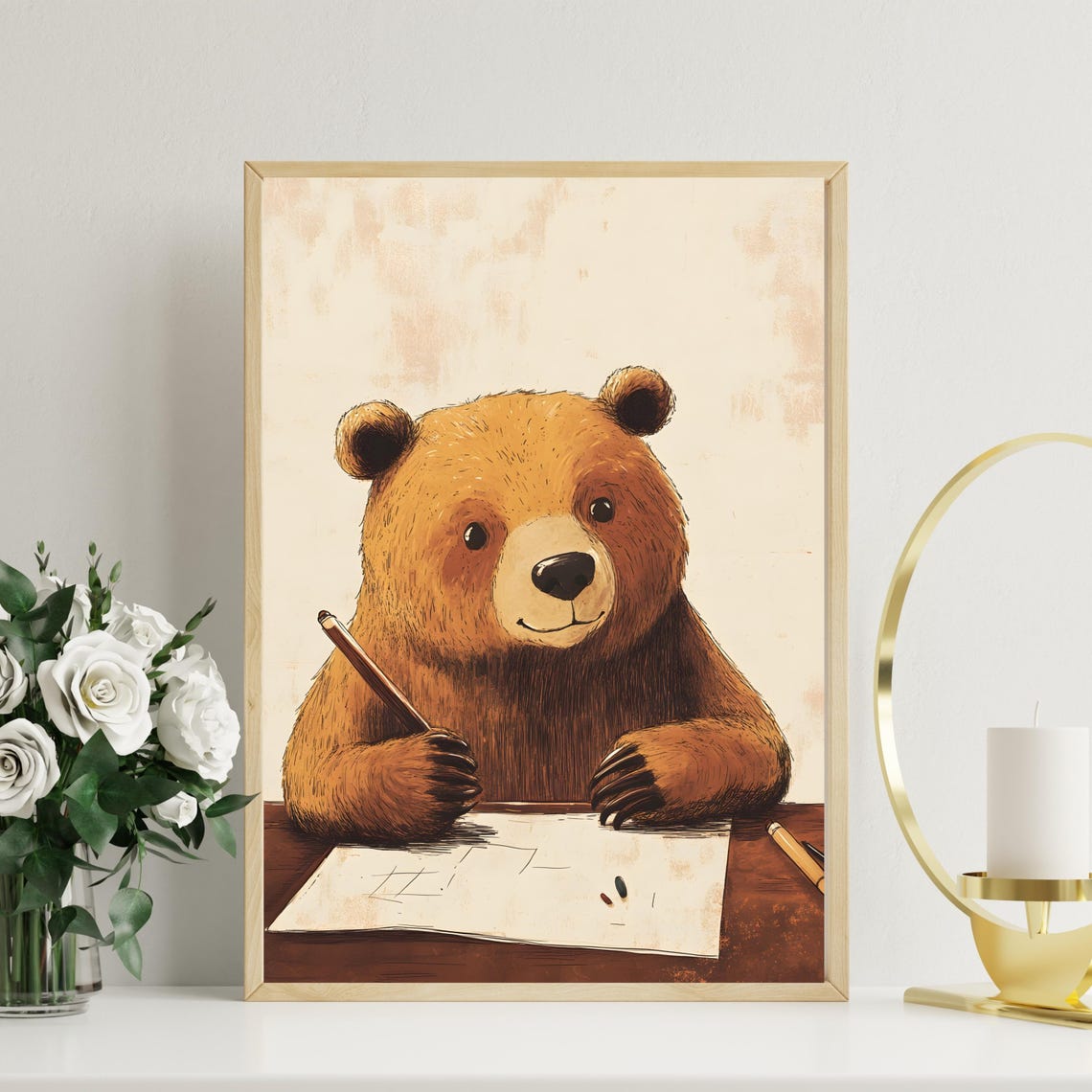 Creative Brown Bear Sketching at a Desk Holding a Pencil Poster - Image 2
