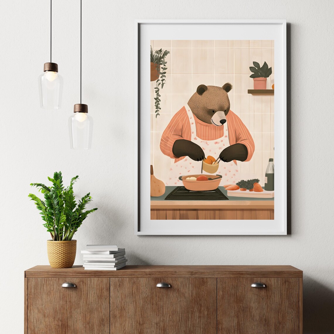 Cozy Bear Chef Cooking at the Stove Wearing a Floral Kitchen Apron Poster - Image 6