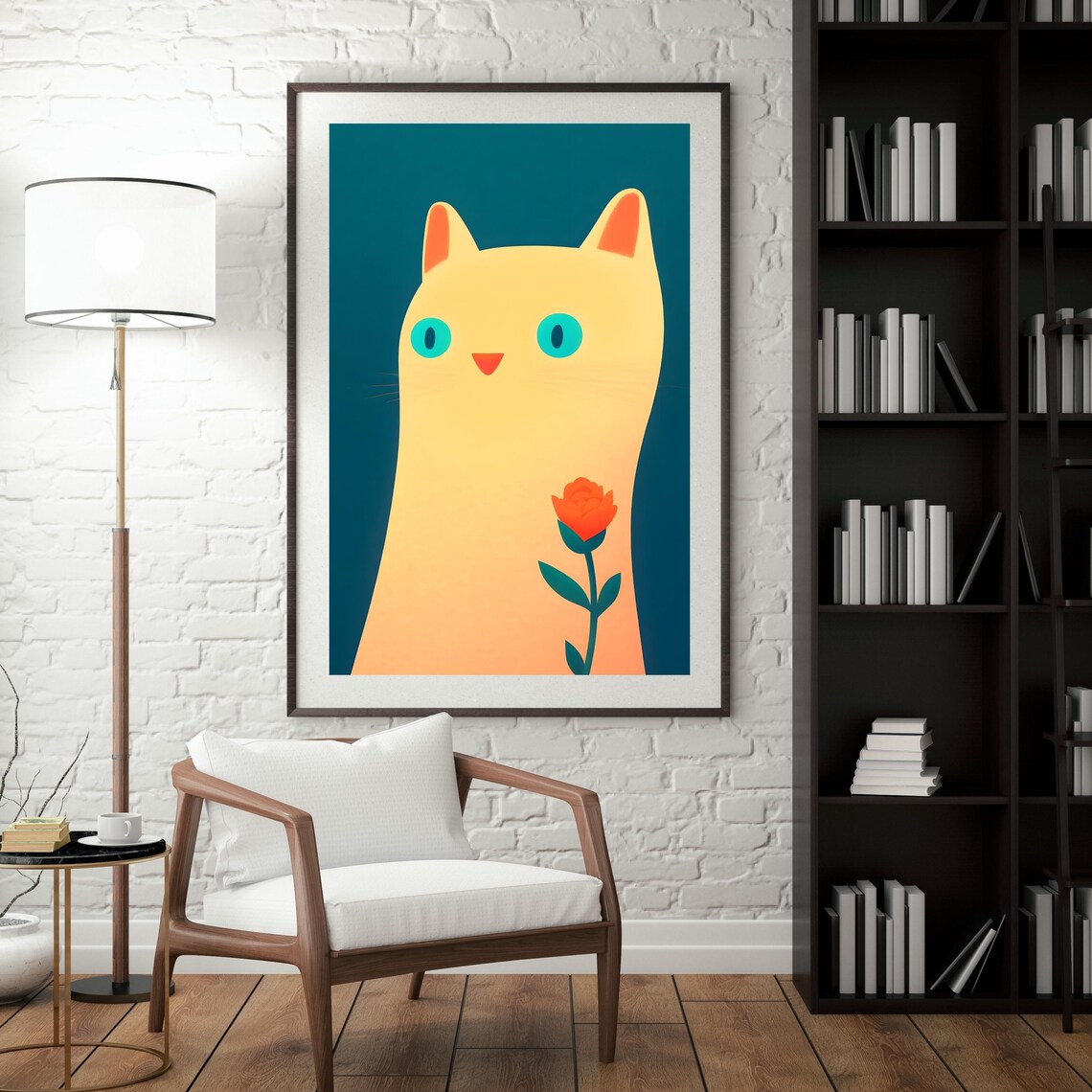 Minimalist Lemon Yellow Cat Holding a Rose on Dark Teal Poster - Image 2