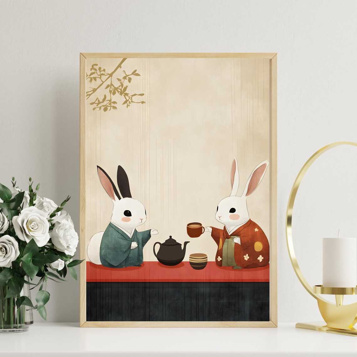 Two Rabbits In Kimono Sharing Tea Japanese Style Cute Animal Poster - Image 2