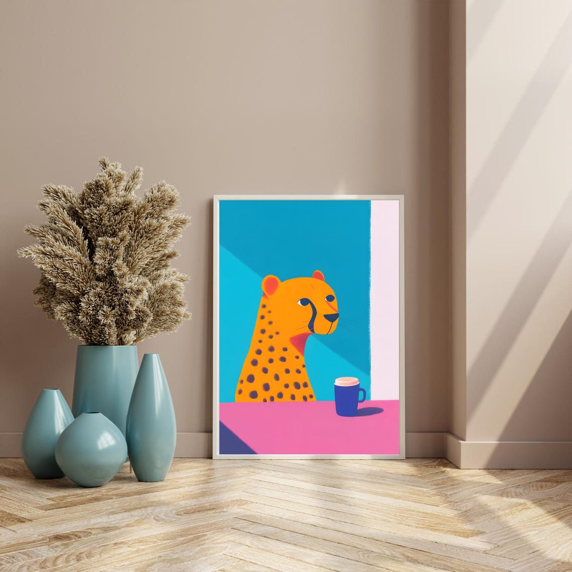 Pop Art Cheetah Profile With Coffee Cup On Pink Background Poster - Image 4
