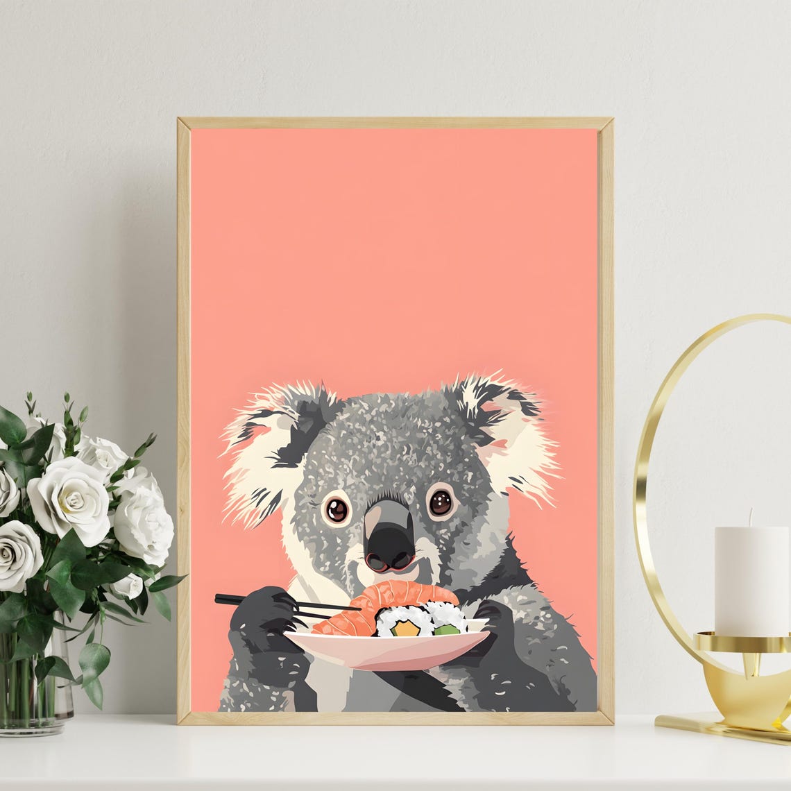 Cute Koala Eating Sushi with Chopsticks on a Coral Background Poster - Image 2