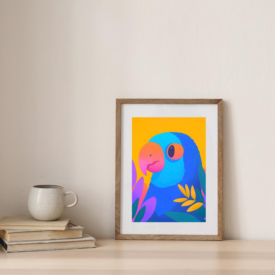 Vibrant Blue Parrot Portrait With Tropical Leaves On Yellow Poster - Image 3