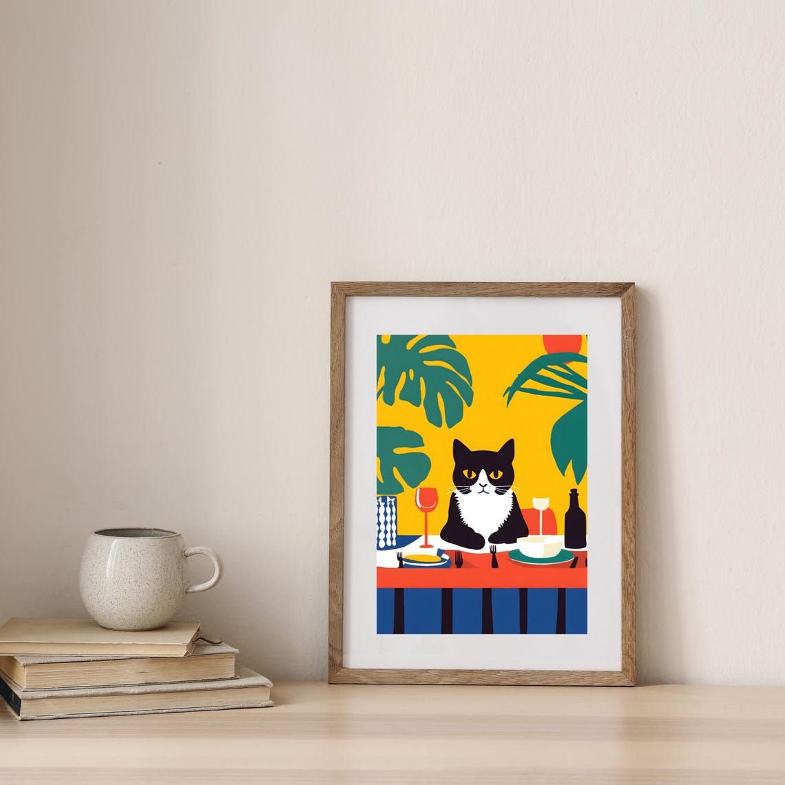 Black and White Cat at a Vibrant Tropical Dinner Party Table Poster - Image 7