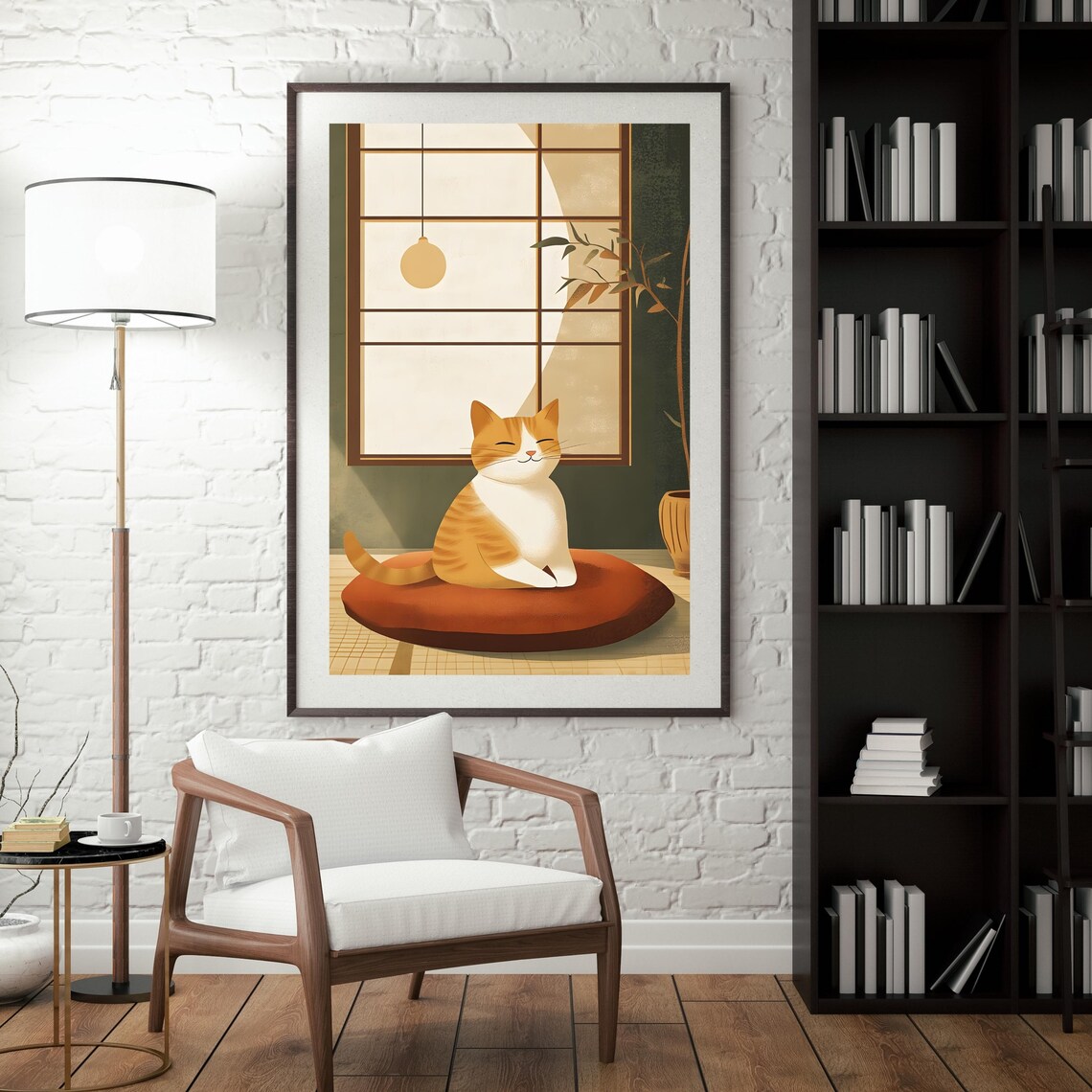 Peaceful Orange Cat Meditating on a Red Cushion Beneath the Moon Poster - Image 4