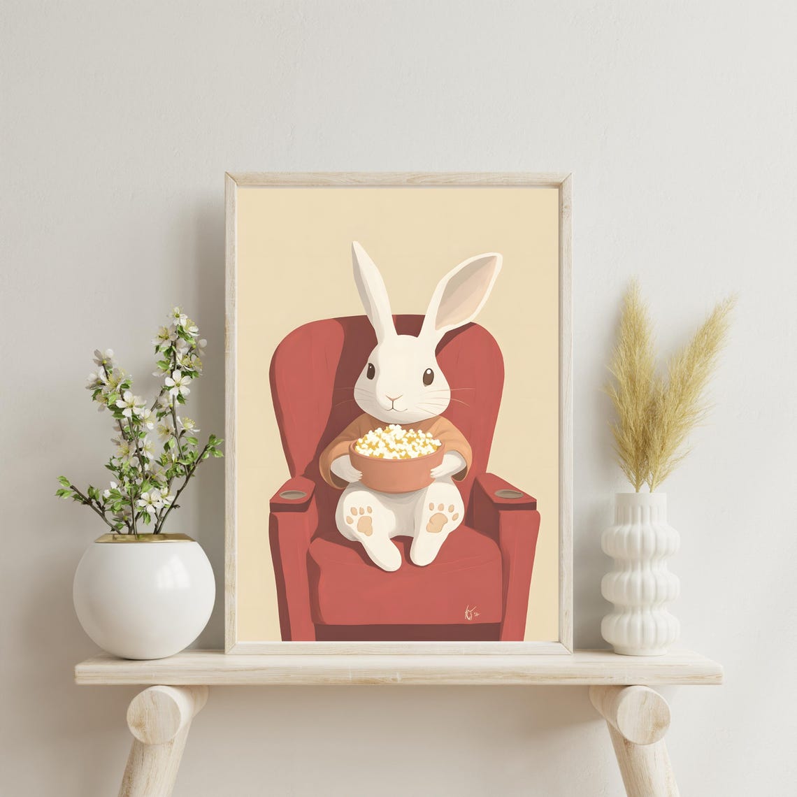 White Bunny Eating Popcorn in Red Armchair Movie Night Poster - Image 4