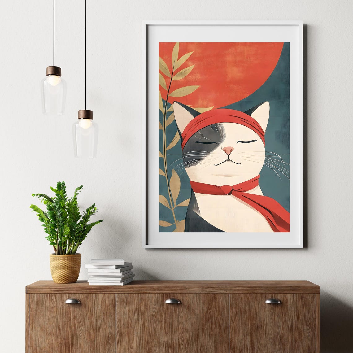 Zen Cat With Red Headband Meditating Before Big Red Sun Poster - Image 6