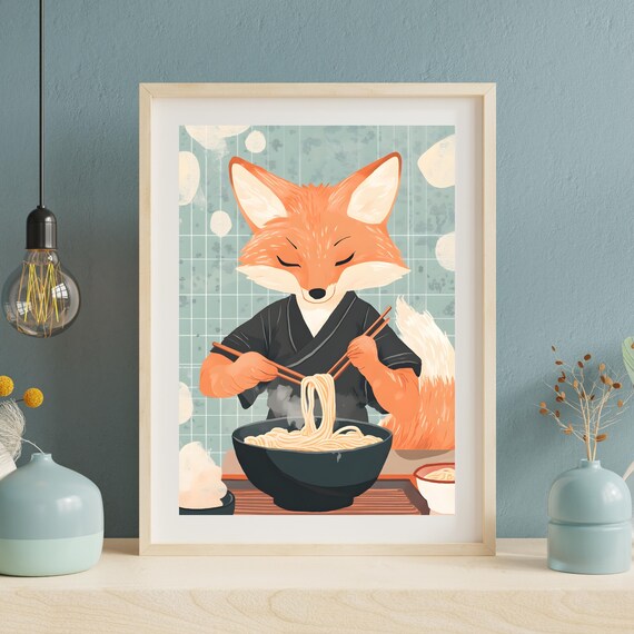 Fox Eating Ramen Noodles Cute Japanese Kitchen Animal Art Poster