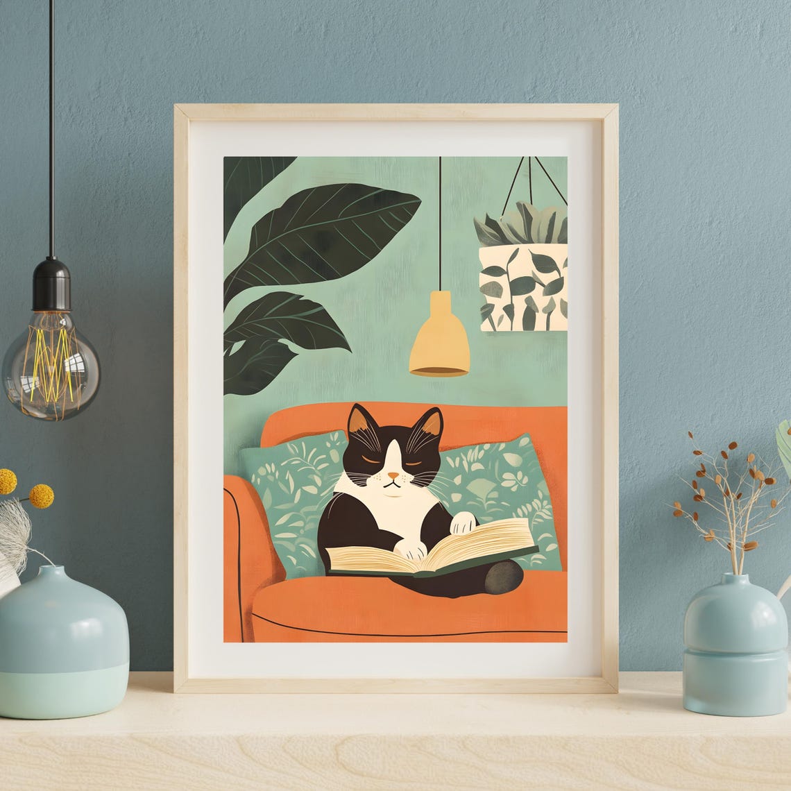 Cat Reading Book on Orange Couch Cozy Home Animal Nursery Art Poster - Image 3