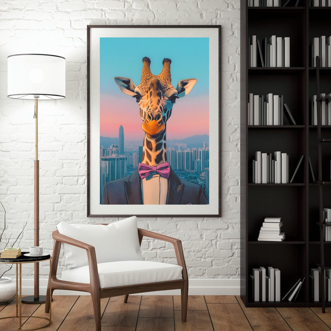 Elegant Giraffe in Tuxedo and Purple Bow Tie over a City Poster - Image 5