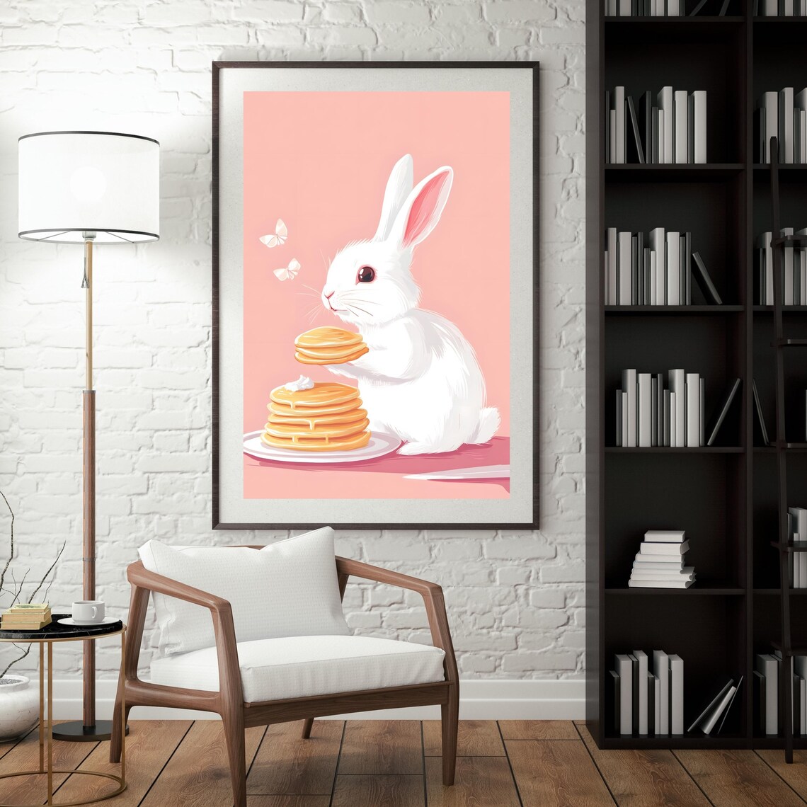 Cute White Rabbit Holding a Tall Stack of Pancakes with Butter Poster - Image 4