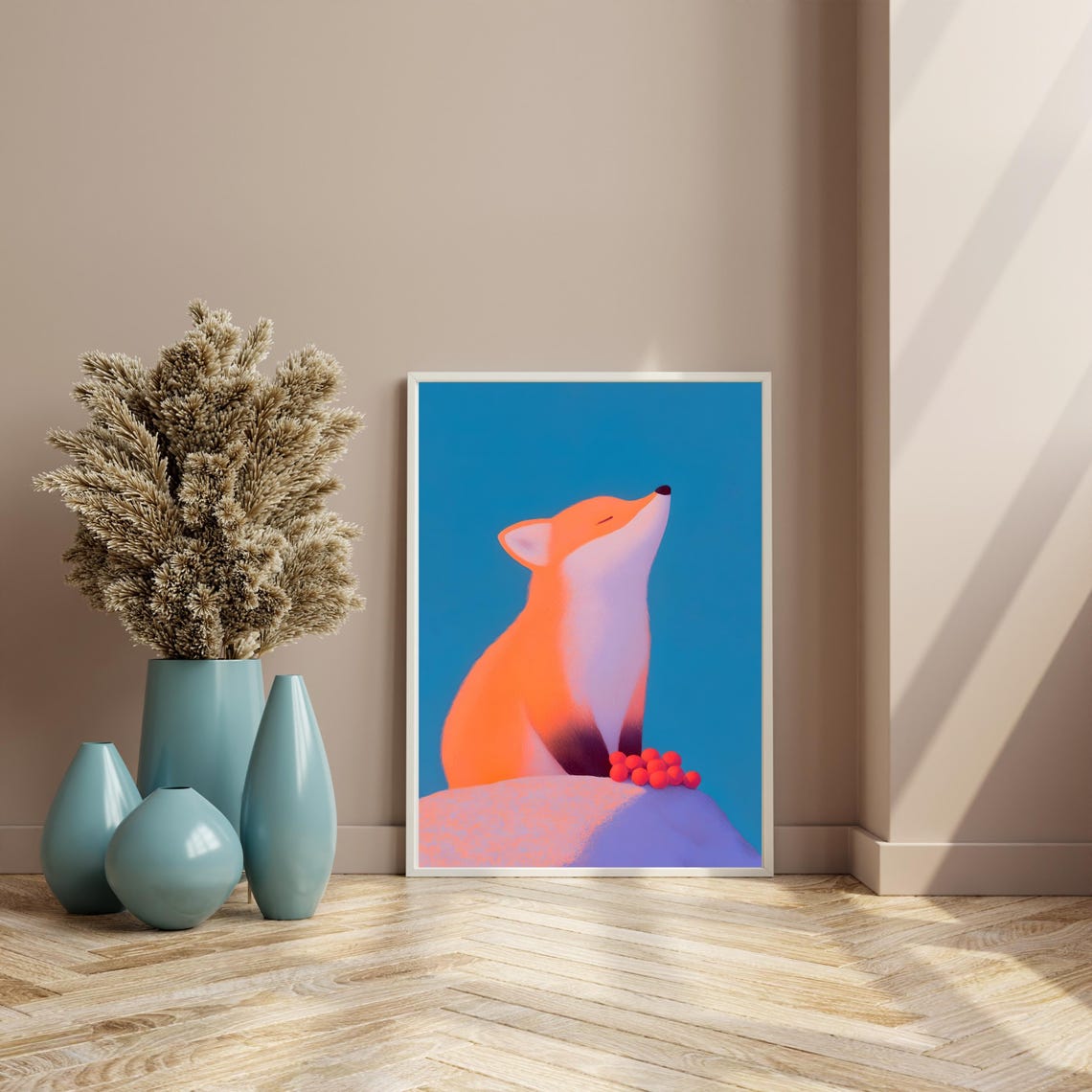 Tranquil Orange Fox Looking Up With Red Berries Blue Sky Poster - Image 4