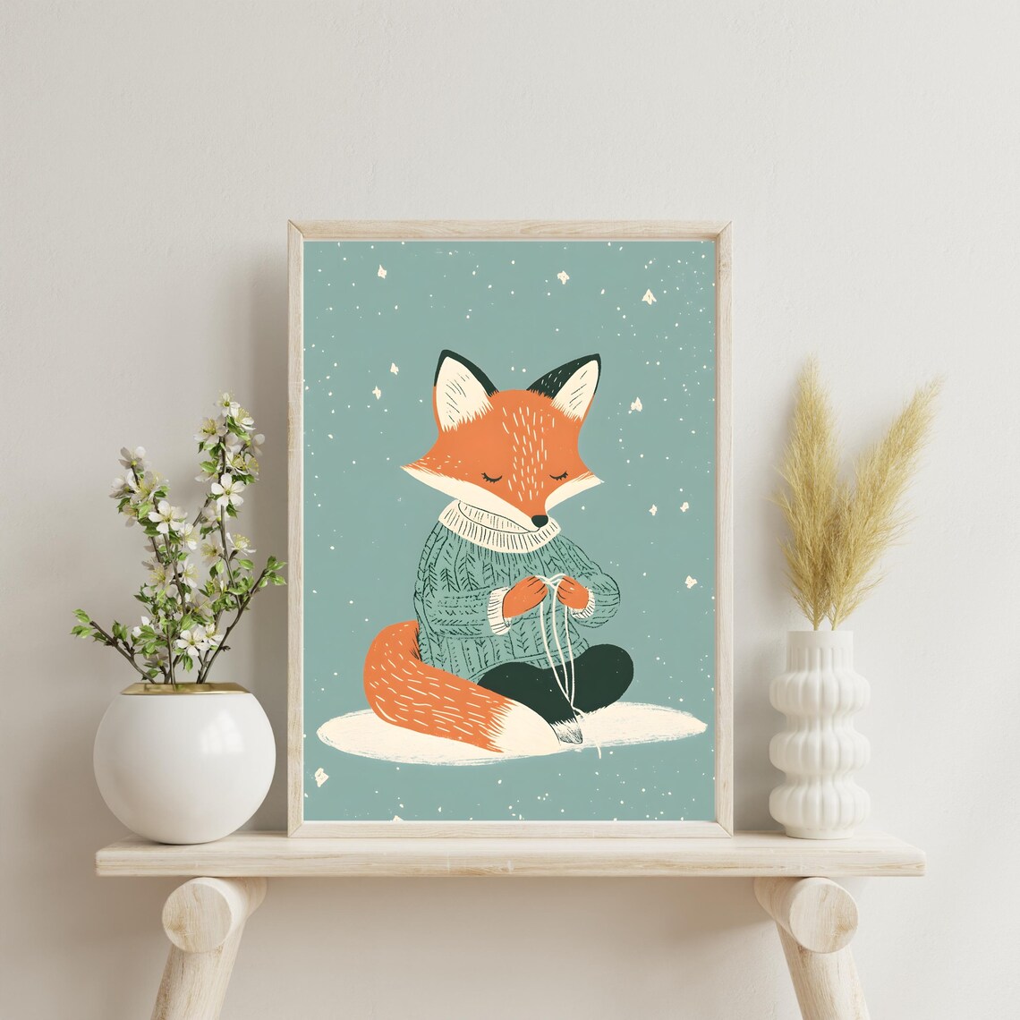 Fox Knitting in Sweater Winter Snowfall Cozy Animal Nursery Art Poster - Image 4