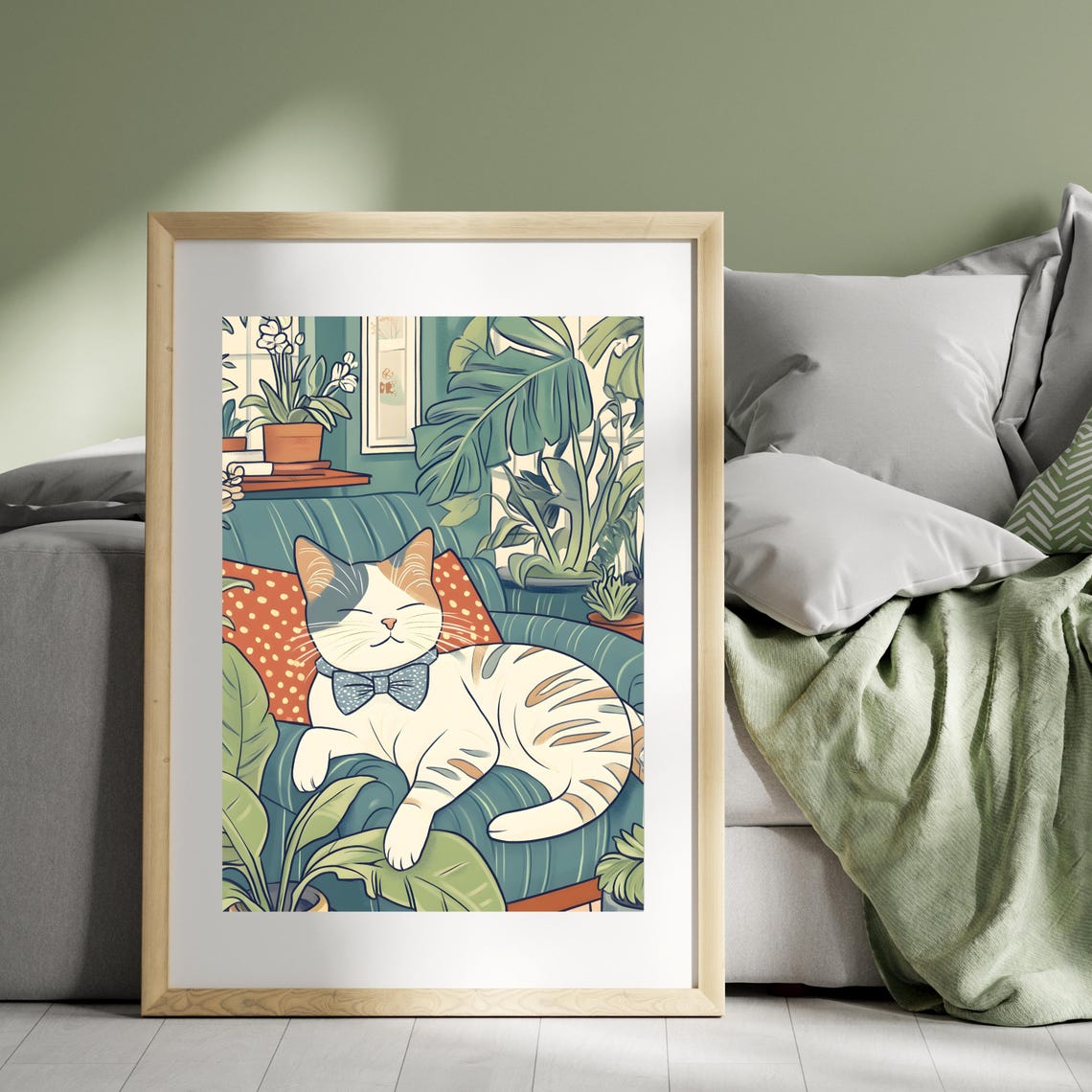 Cat In A Bow Tie Lounging On A Couch Surrounded By Houseplants Poster - Image 6