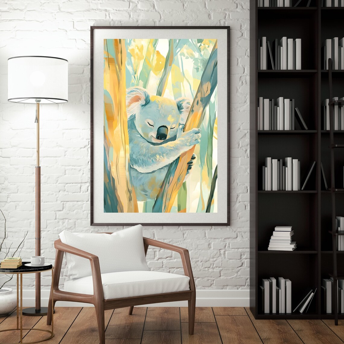 Sleepy Koala Hugging a Sunlit Eucalyptus Trunk in a Soft Painted Forest Poster - Image 3